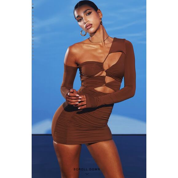 Mistress Rocks 'FLAME' Chocolate Jersey Asymmetric Cutout Bodycon Mini dress XS - Picture 1 of 11